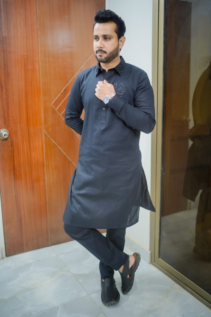 Black texture kurta trouser with hand Embroidery collar and logo