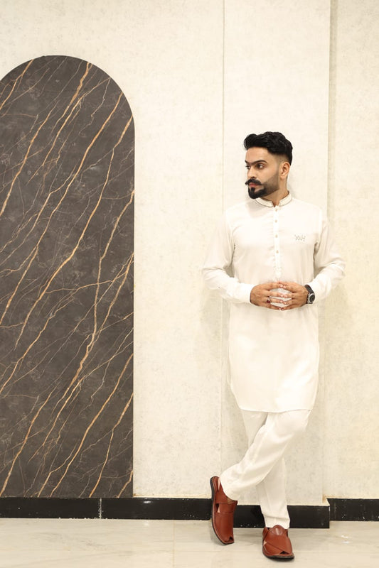Off white texture kurta pajama lace Embroidery collar and logo style