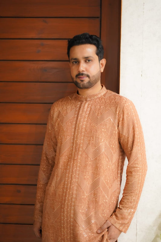 Delicious Brown sequence Embroidery Zigzag style kurta same plain trouser