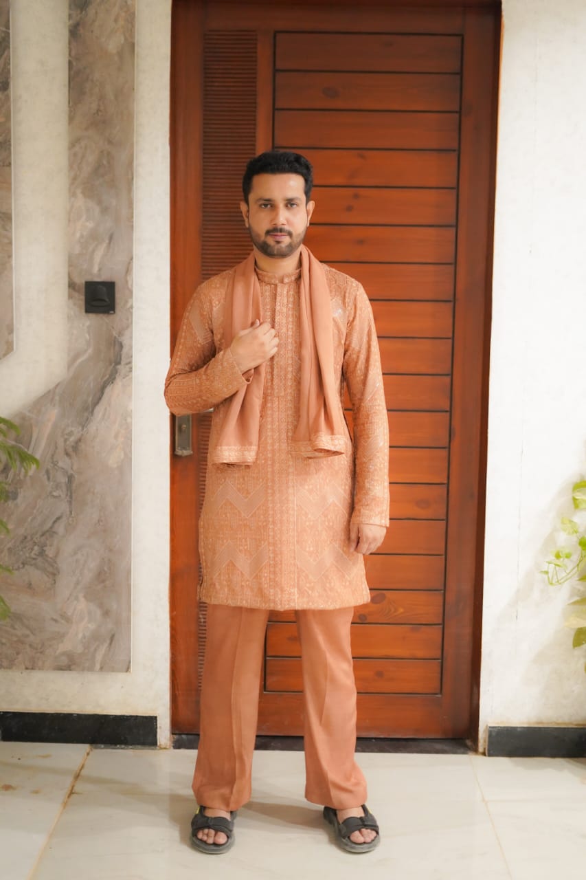 Delicious Brown sequence Embroidery Zigzag style kurta same plain trouser