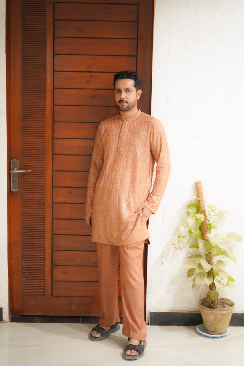 Delicious Brown sequence Embroidery Zigzag style kurta same plain trouser