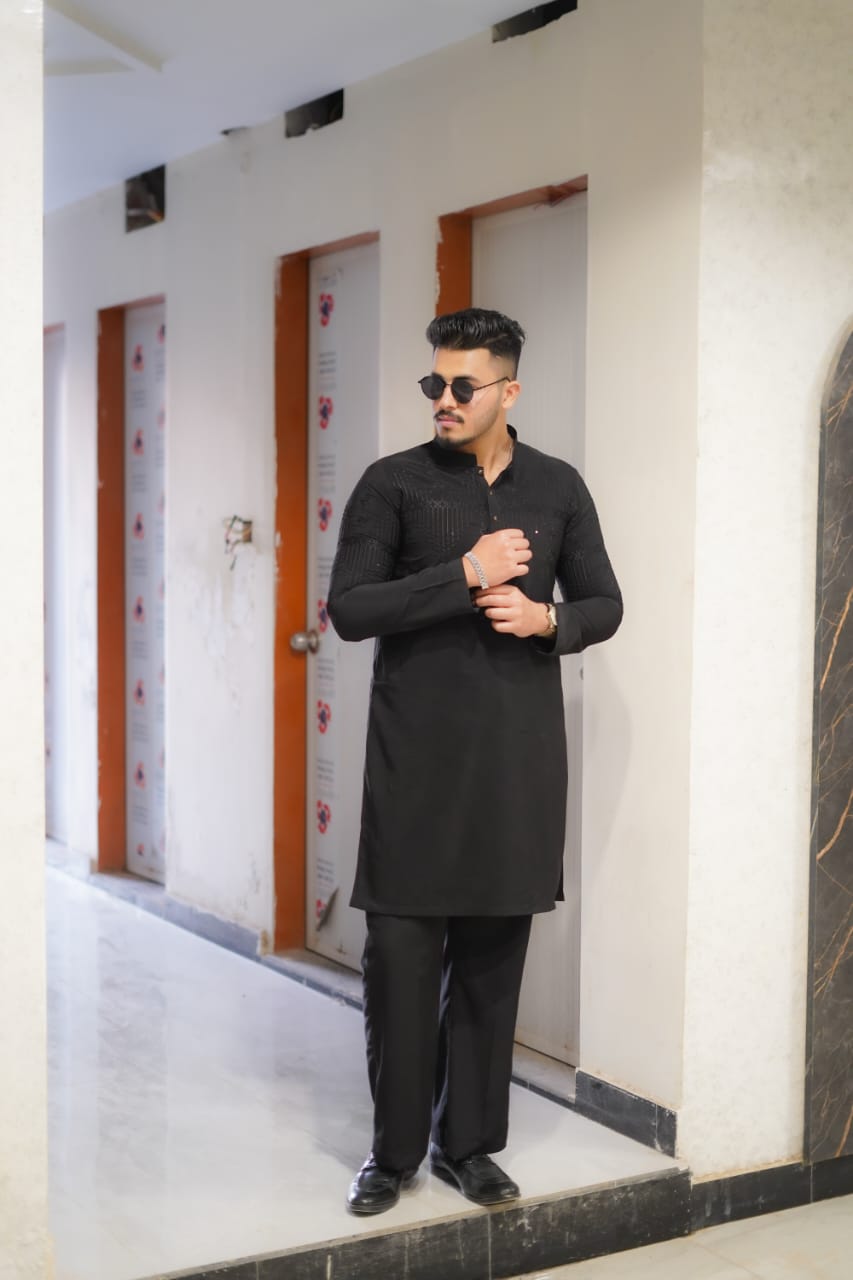 Classy black Jorjutt Embroidery kurta same plain trouser