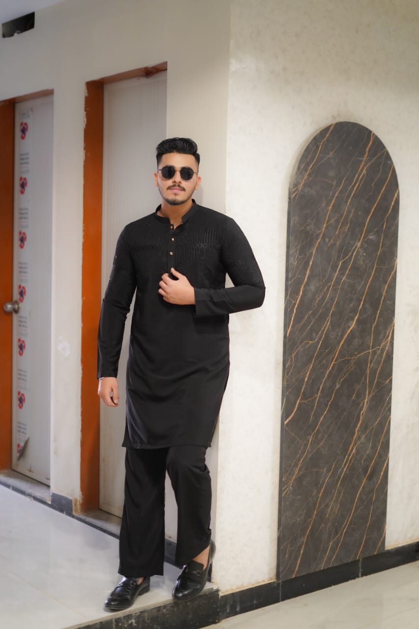 Classy black Jorjutt Embroidery kurta same plain trouser