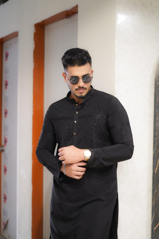Classy black Jorjutt Embroidery kurta same plain trouser