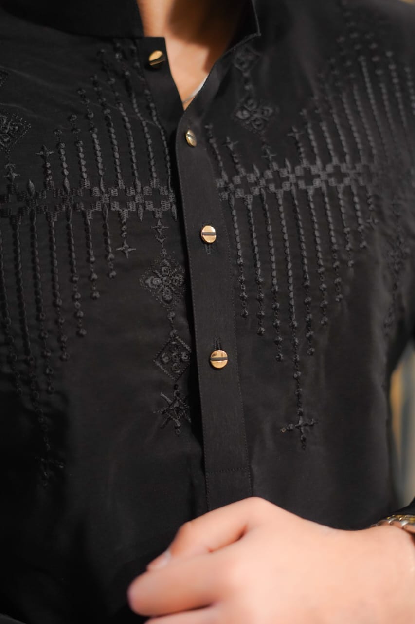 Classy black Jorjutt Embroidery kurta same plain trouser