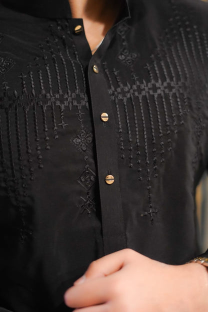 Classy black Jorjutt Embroidery kurta same plain trouser