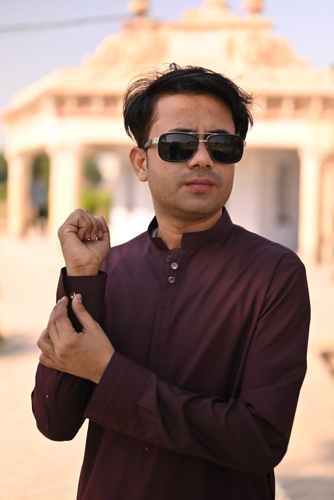 Maroon shalwar kameez design cuff collar front patti