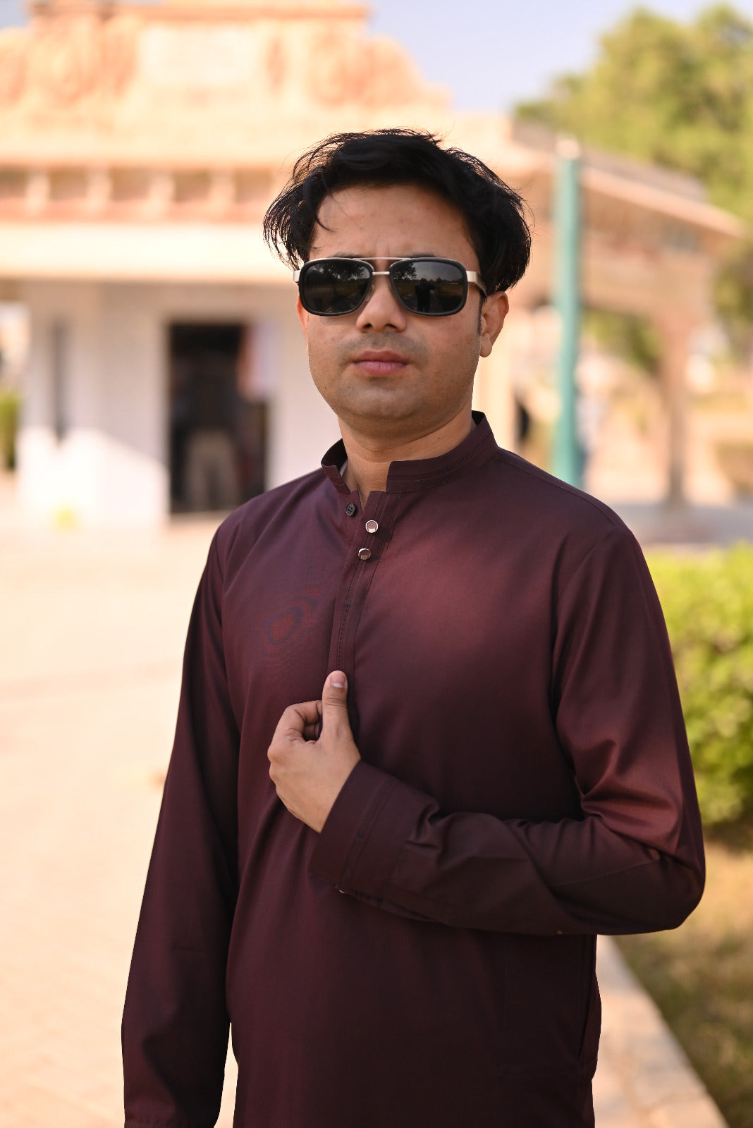 Maroon shalwar kameez design cuff collar front patti