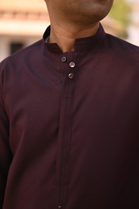 Maroon shalwar kameez design cuff collar front patti