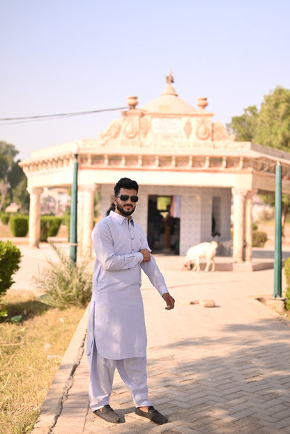 Ice blue linen fabric shalwar kameez design and logo