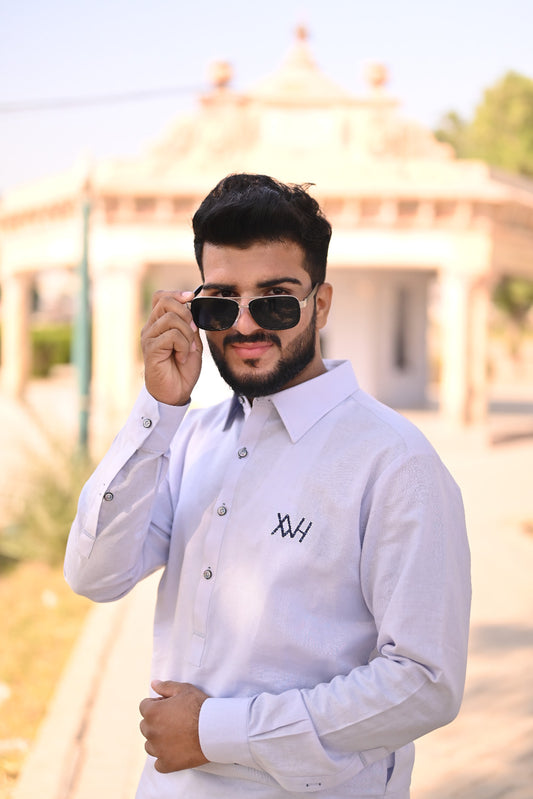 Ice blue linen fabric shalwar kameez design and logo