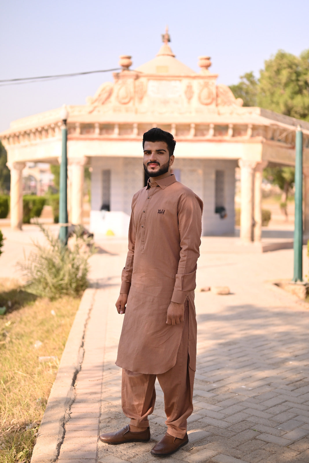 Caramel brown linen shalwar kameez design and logo
