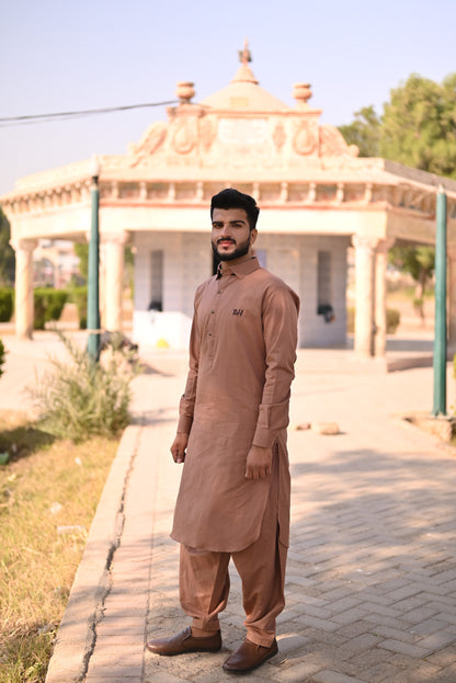 Caramel brown linen shalwar kameez design and logo