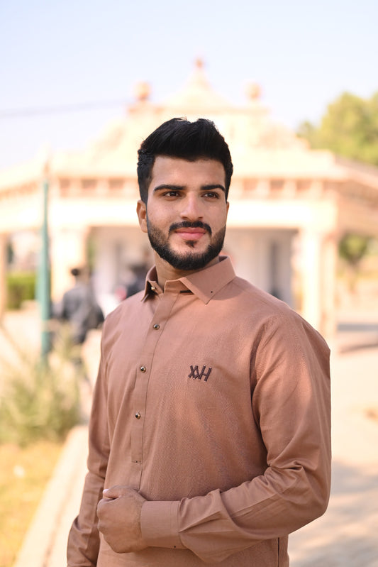 Caramel brown linen shalwar kameez design and logo