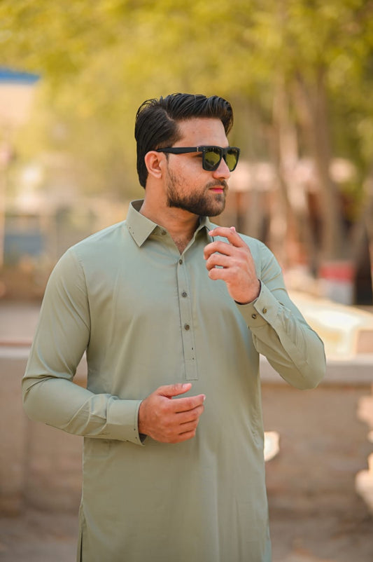 Sage green kameez shalwar decent detailing