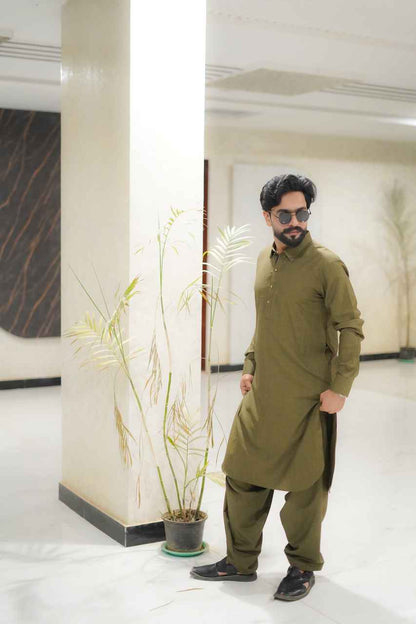 Olive green gruonded and classy kameez shalwar design