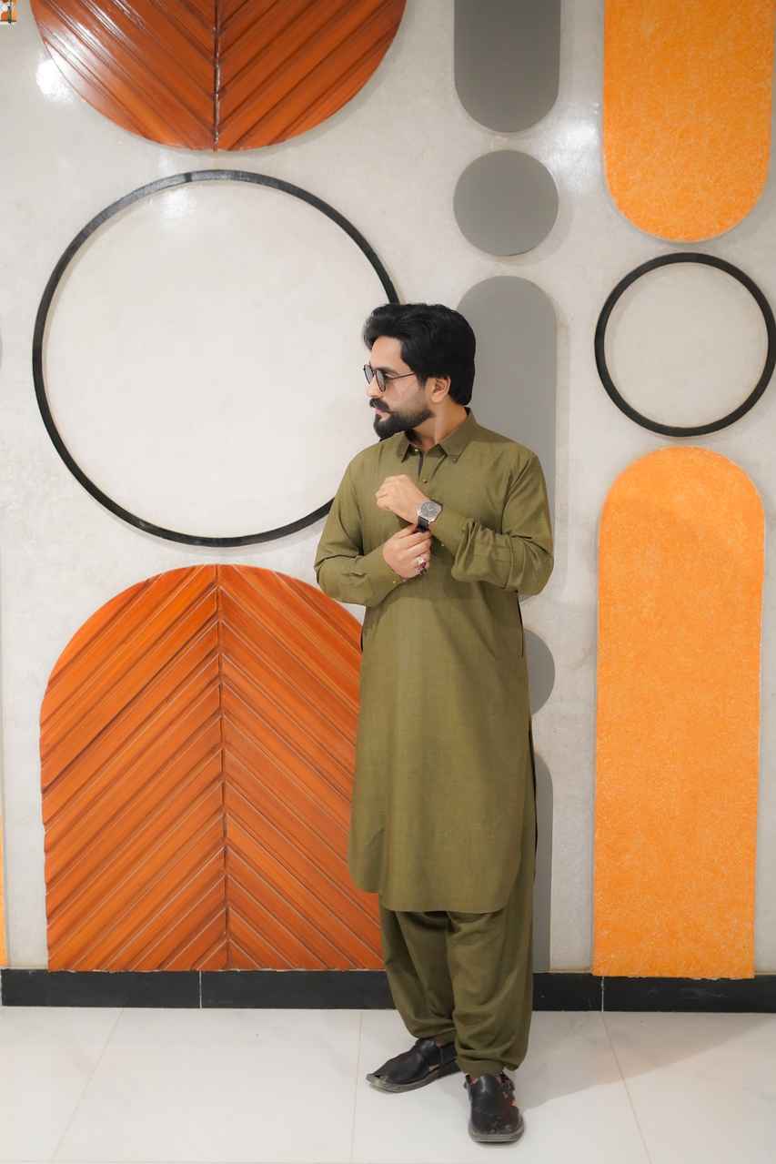 Olive green gruonded and classy kameez shalwar design