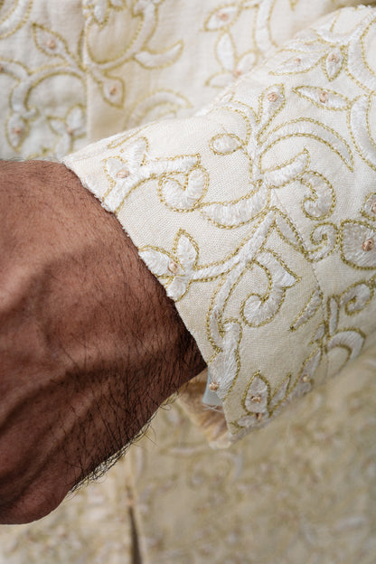 Cream mixture soft gold hand embroidery touch prince coat with off white kurta pajama