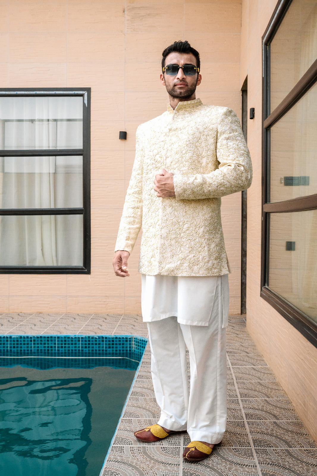 Cream mixture soft gold hand embroidery touch prince coat with off white kurta pajama