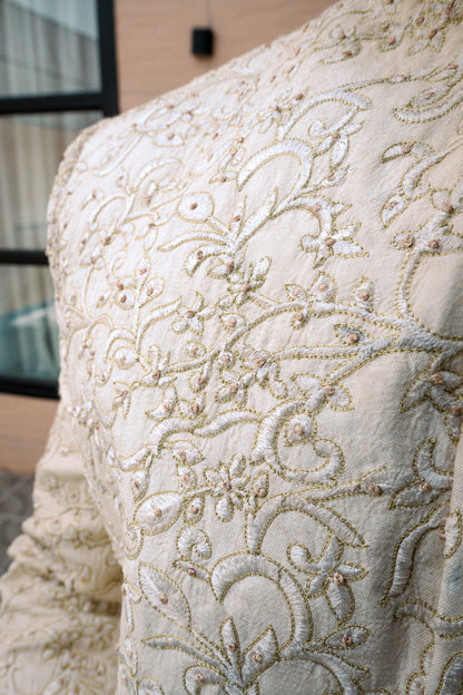 Cream mixture soft gold hand embroidery touch prince coat with off white kurta pajama