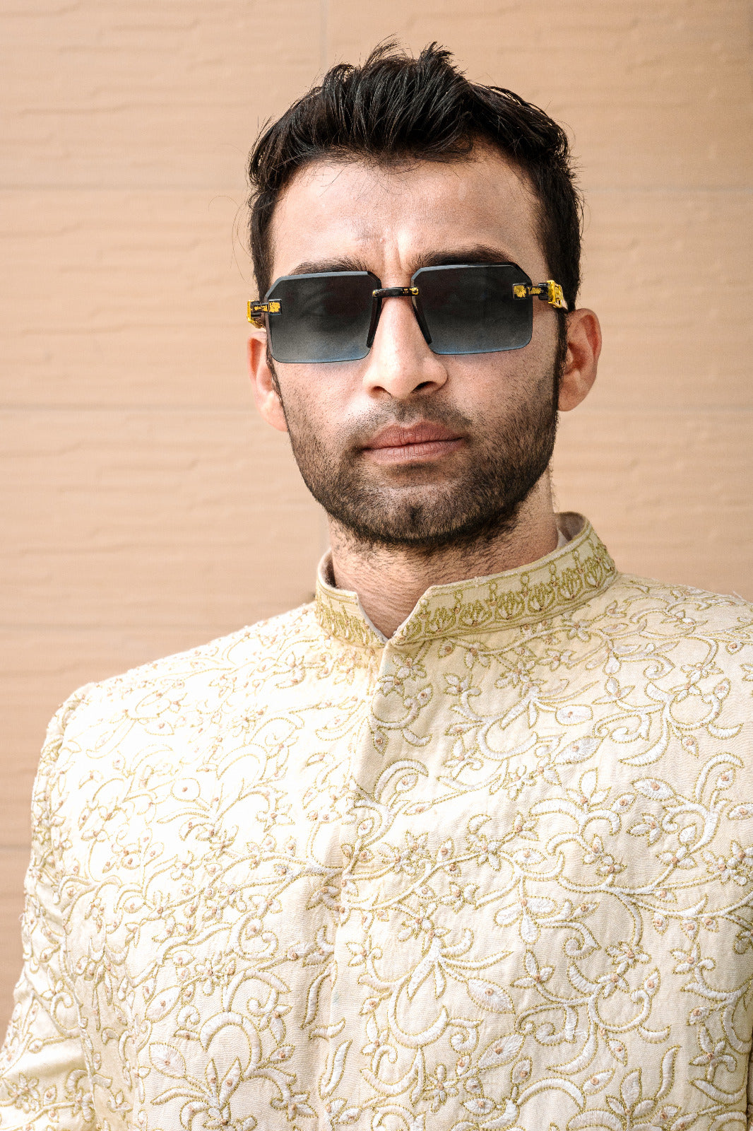 Cream mixture soft gold hand embroidery touch prince coat with off white kurta pajama