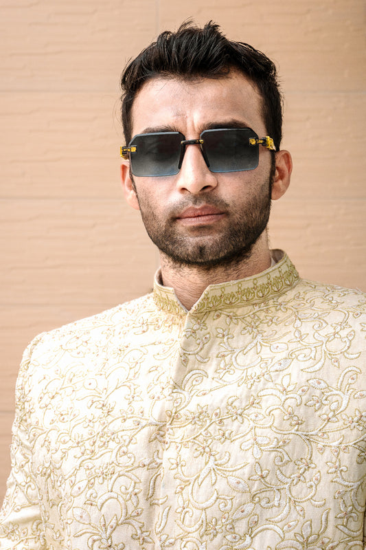 Cream mixture soft gold hand embroidery touch prince coat with off white kurta pajama