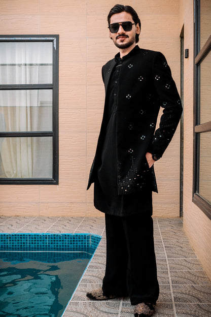 Black front open sherwani prince all mirror work Embroidery and kurta pajama dress