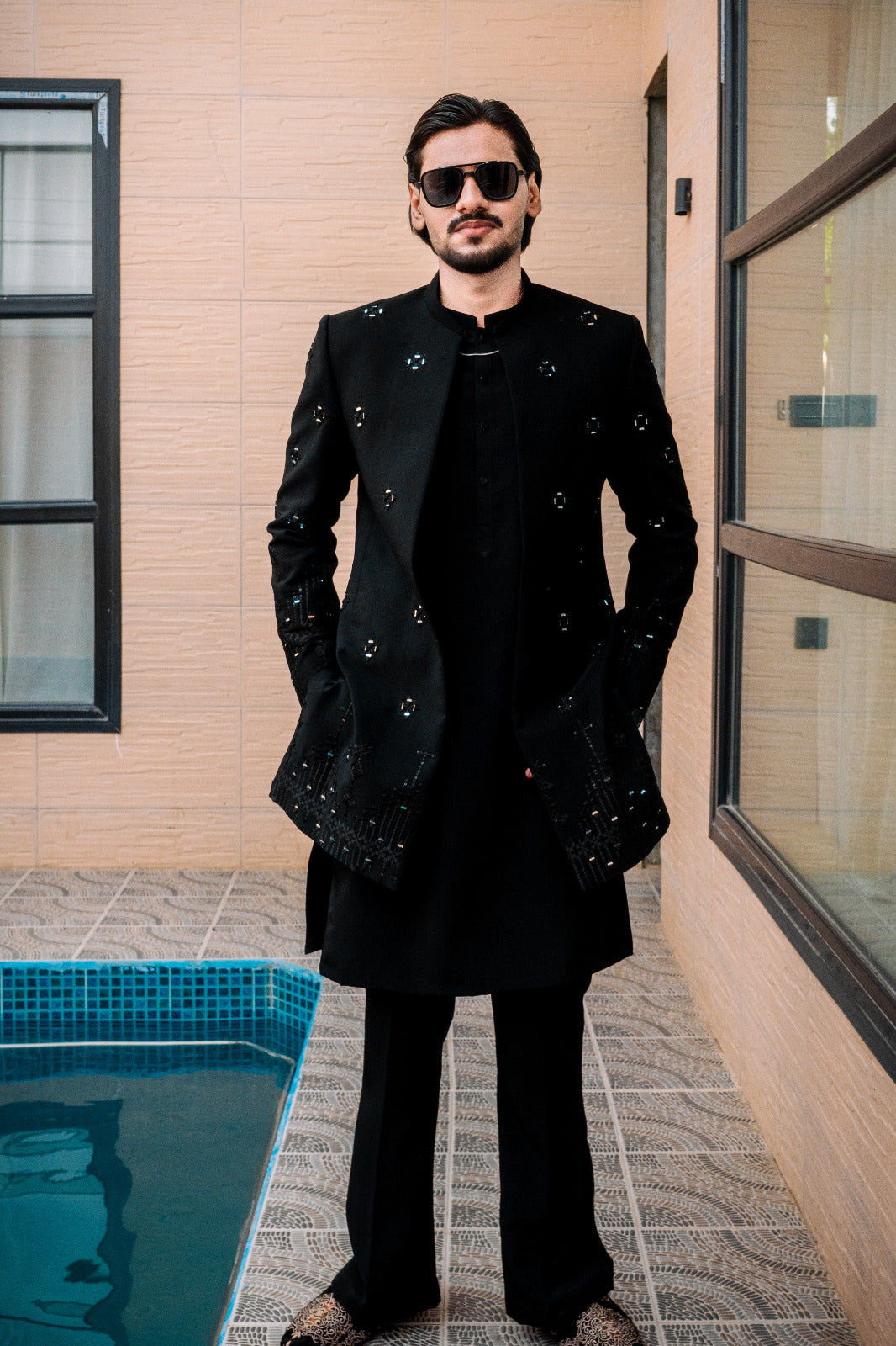 Black front open sherwani prince all mirror work Embroidery and kurta pajama dress