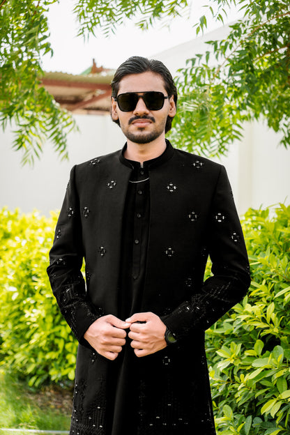 Black front open sherwani prince all mirror work Embroidery and kurta pajama dress