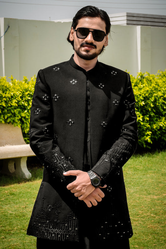 Black front open sherwani prince all mirror work Embroidery and kurta pajama dress