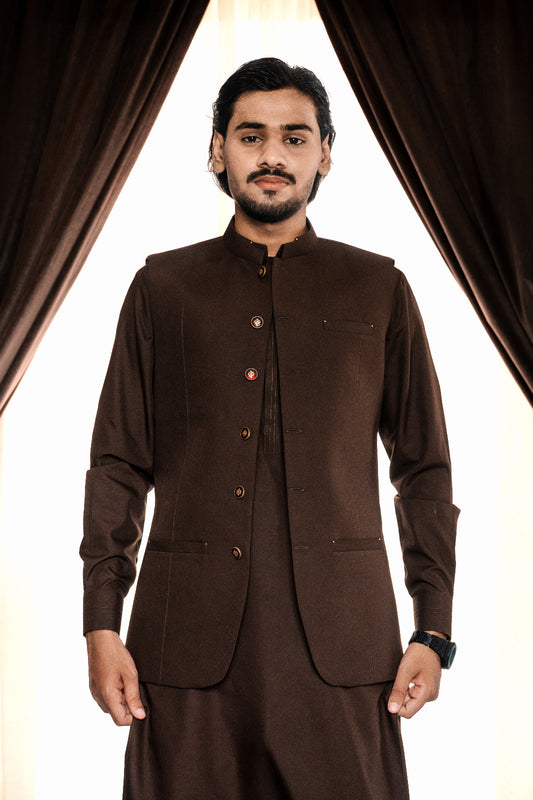 Brown waist coat + kameez shalwar dress with decent design