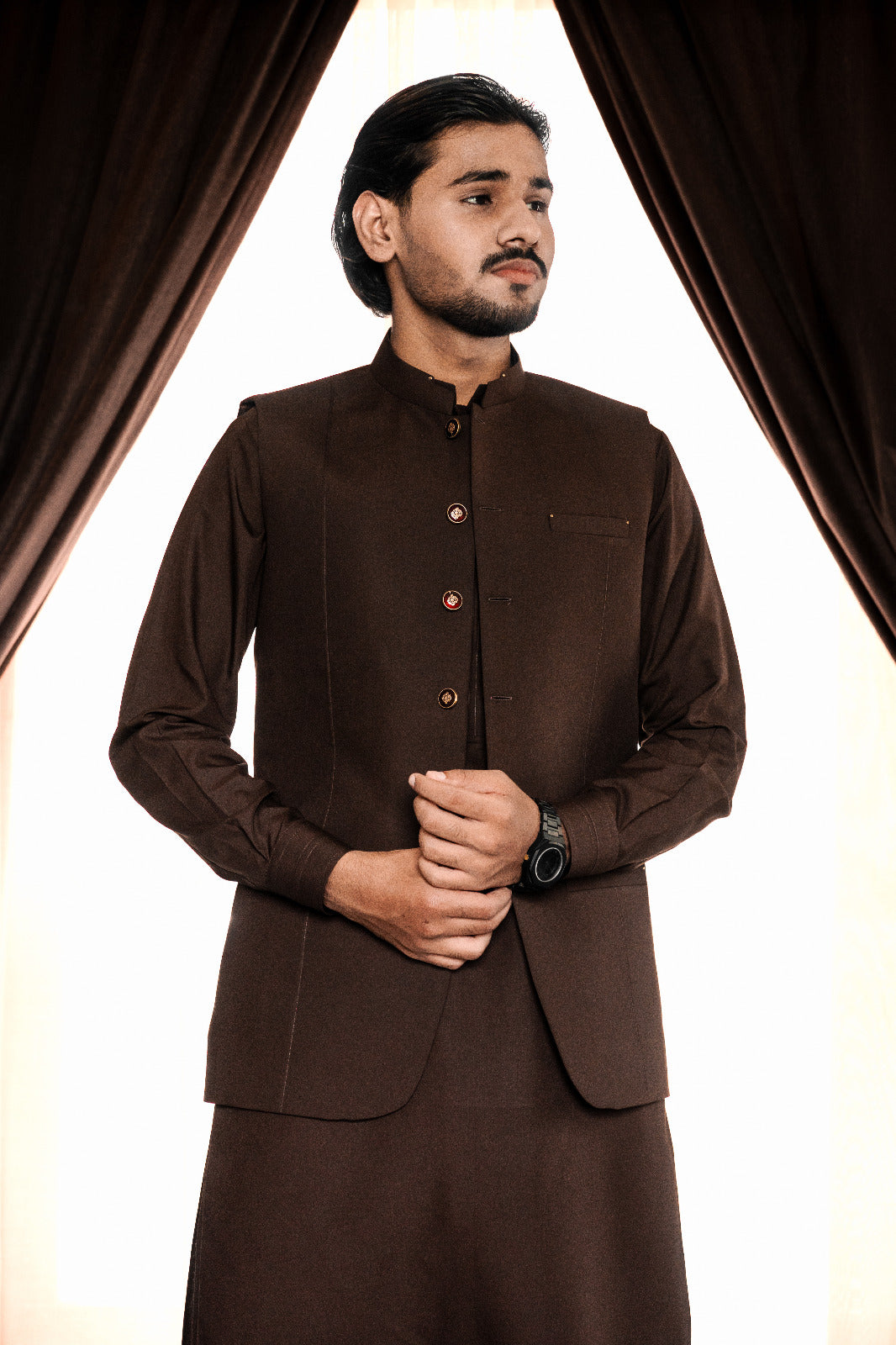 Brown waist coat + kameez shalwar dress with decent design