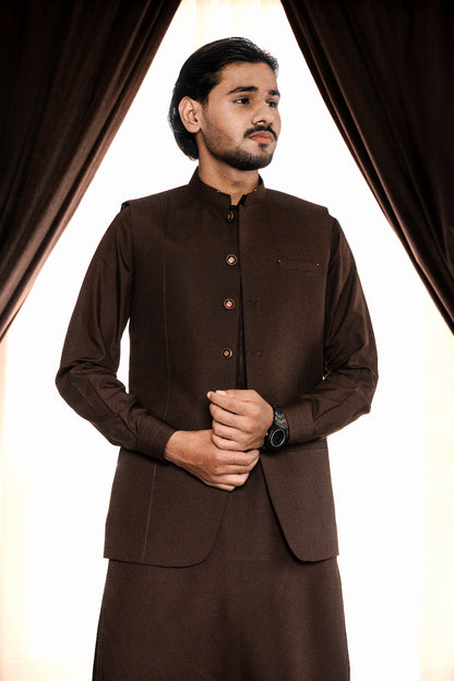 Brown waist coat + kameez shalwar dress with decent design
