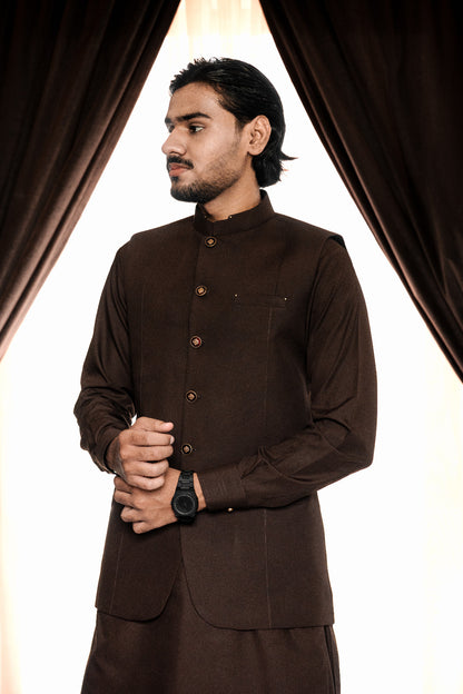 Brown waist coat + kameez shalwar dress with decent design