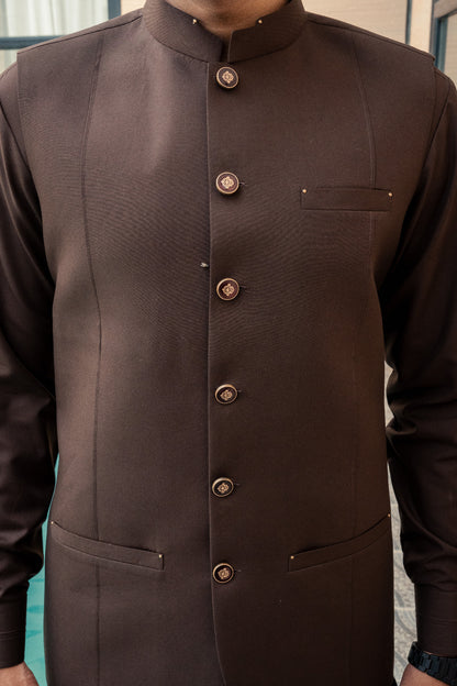 Brown waist coat + kameez shalwar dress with decent design