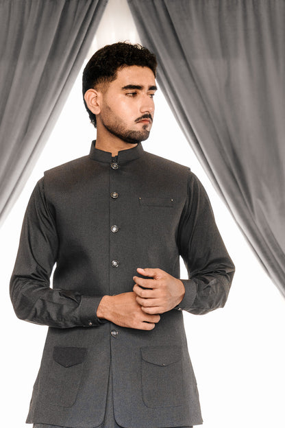 Grey waist coat + kameez shalwar design
