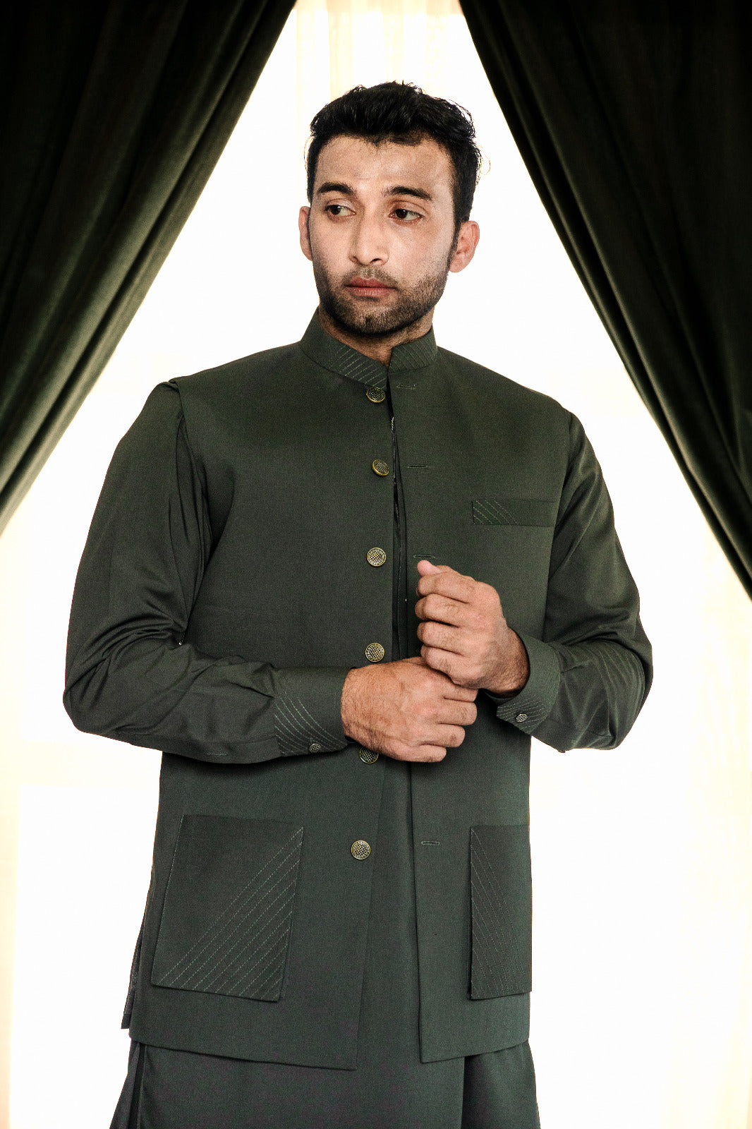Green shadow waist coat + kameez shalwar dress design