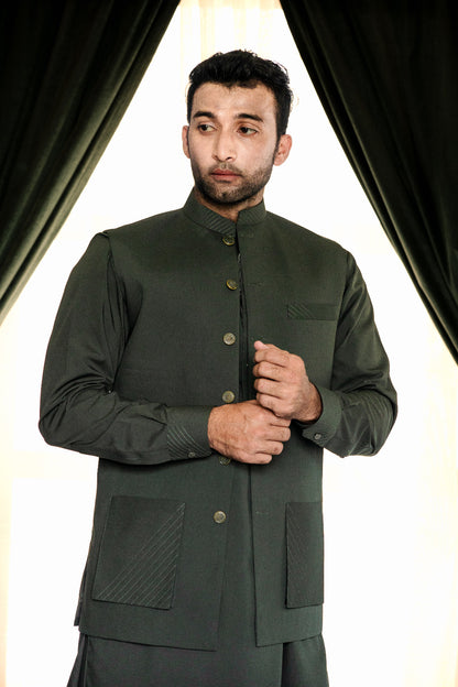 Green shadow waist coat + kameez shalwar dress design