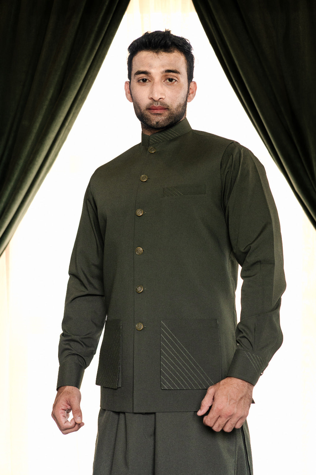 Green shadow waist coat + kameez shalwar dress design