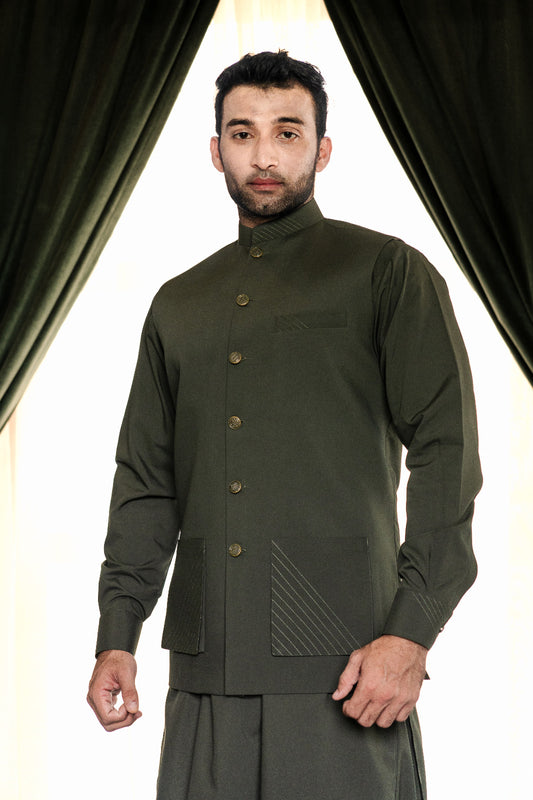 Green shadow waist coat + kameez shalwar dress design